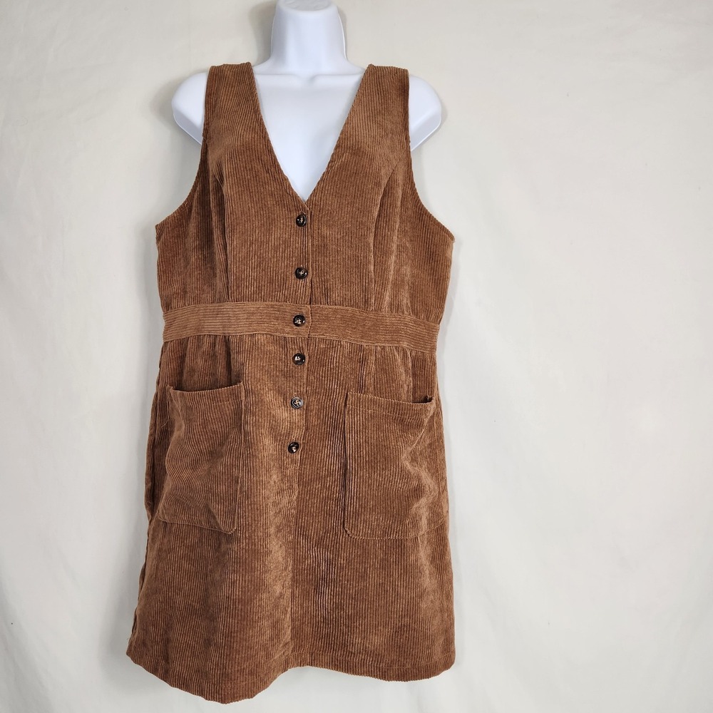 Corduroy Button Front Jumper Dress Brown Sleeveless Pockets Womens Size Small